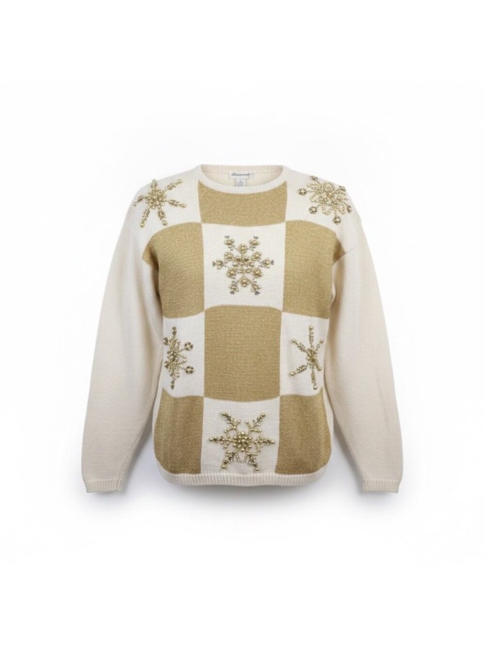 Eminent Womens White & Gold Beaded Metallic Snowflake Sweater Cozy Knit Size L